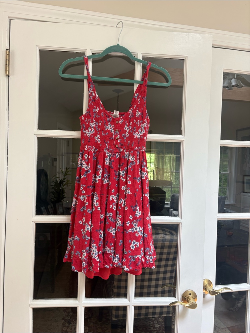 Red Floral Sundress with Spaghetti type Straps. Red lining peek out for layers
